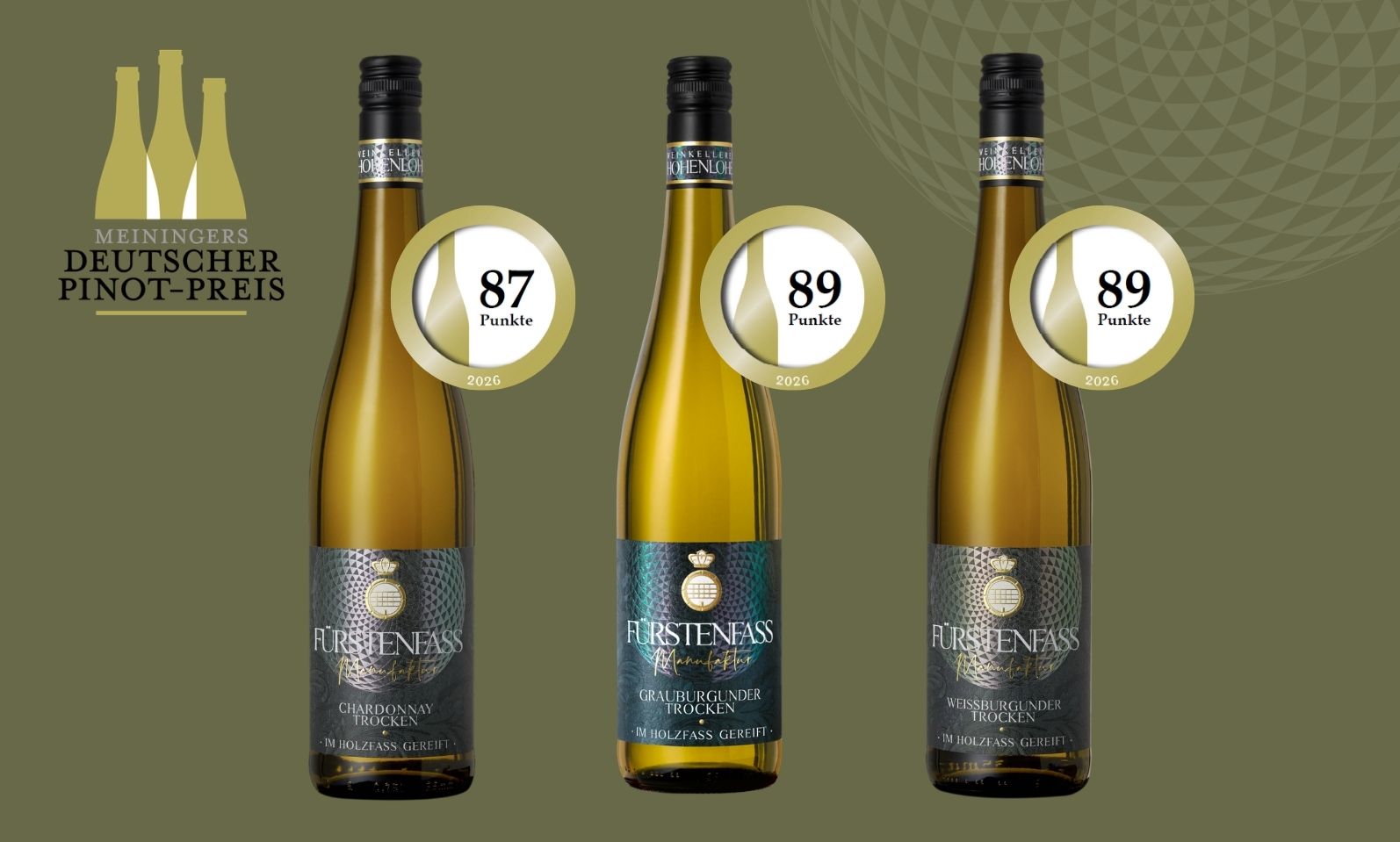 Meiningers Deutscher Pinot Preis 2026 - Flaschenabbildungen mit Punkteergebnis: Chardonnay 87 Punkte, Weissburgunder 89 Punkte, Grauburugnder 89 Punkte